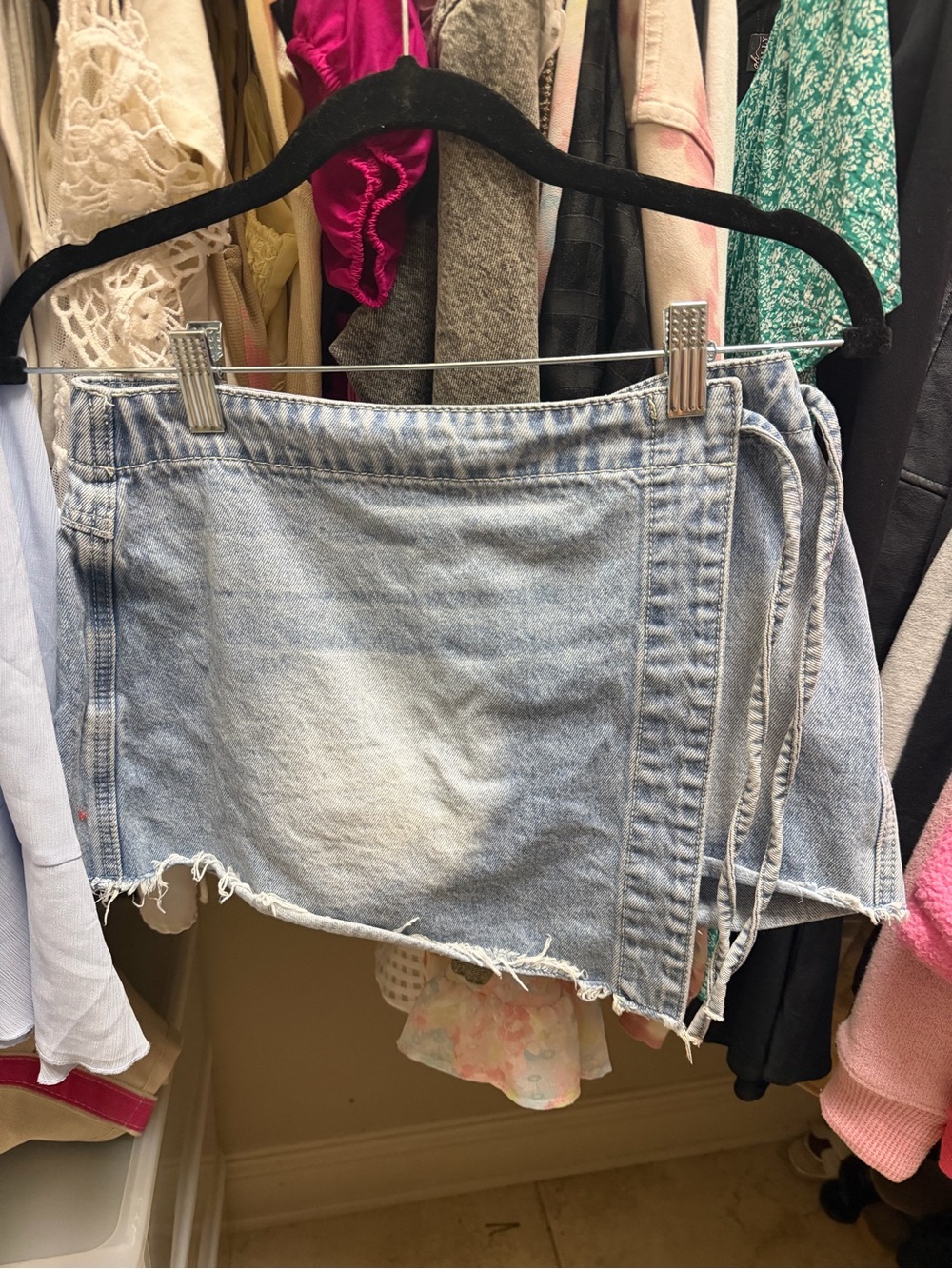 Light Wash Denim Mini skort with Frayed Hem